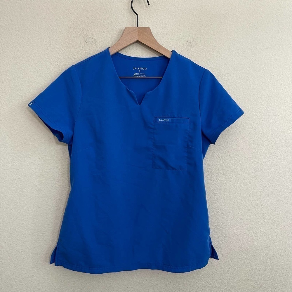 Jaanuu Women's 3-Pocket Split Crewneck Short Sleeve Scrub Top Royal Blue Small